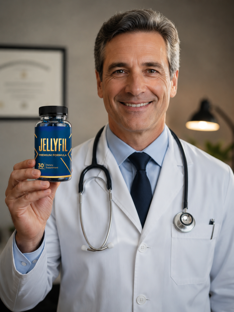 Hand holding a bottle of JellyFil male vitality gummies